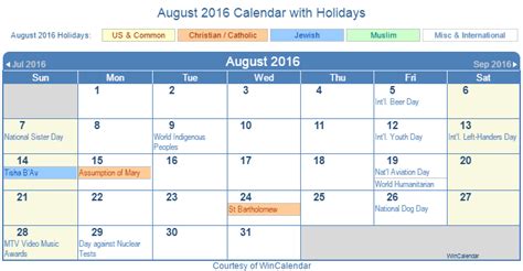 Print Friendly August 2016 Us Calendar For Printing