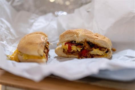 Ny Bodega Style Bacon Egg And Cheese On A Roll Spk With Caramelized