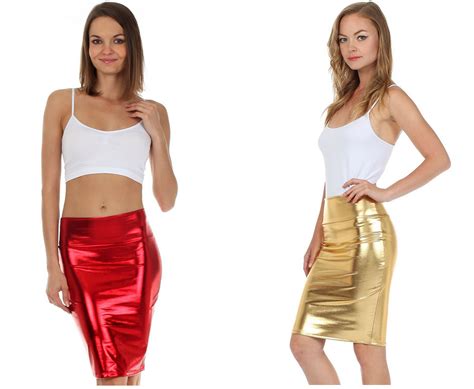 Sakkas Women S Shiny Metallic Liquid High Waist Pencil Skirt Skirts Pencil Skirt High