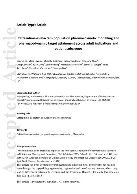 Pdf Ceftazidime Avibactam Population Pharmacokinetic Modeling And Pharmacodynamic Target