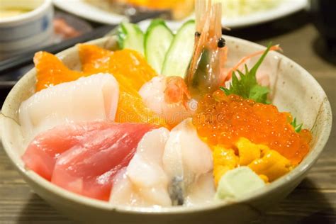 Various Kinds Of Sashimi Raw Fish Rice Bowl In Japan Stock Image