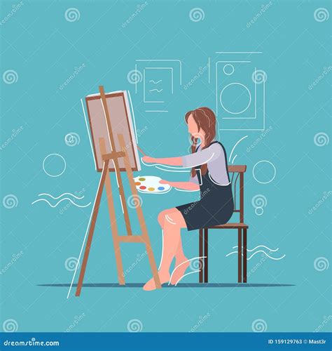 Female Painter Using Paintbrush And Palette Woman Artist Sitting In