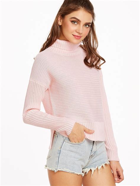 pink ribbed knit turtleneck drop shoulder sweater shein sheinside