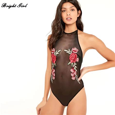 bright girl fashion sexy lace mesh bodysuit flower printed skinny jumpsuit for women 2017 new