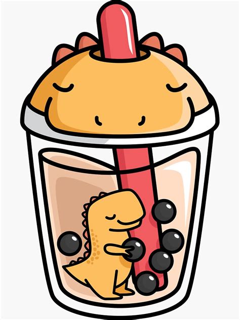 Bubble Tea With Cute Kawaii T Rex Inside Sticker By Bobateame Cute