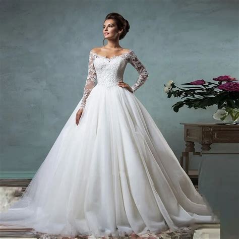 lace off the shoulder ball gown wedding dresses long sleeves princess bridal gown custom made