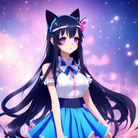 Mad Goshawk228 Anime Girl Black Hair Blue Eyes Cat Ears And Cute Drees