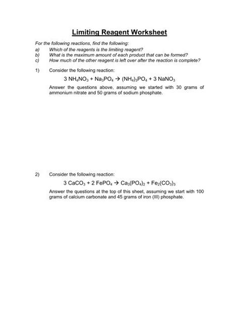 Limiting Reactant Practice Worksheet