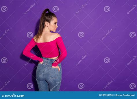 rear back behind view portrait of attractive content slender girl posing copy space isolated on