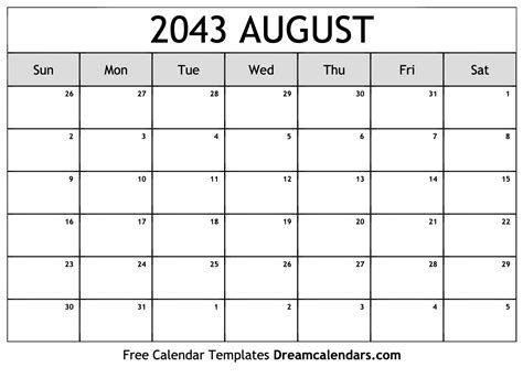 August 2043 Calendar Free Printable With Holidays And Observances