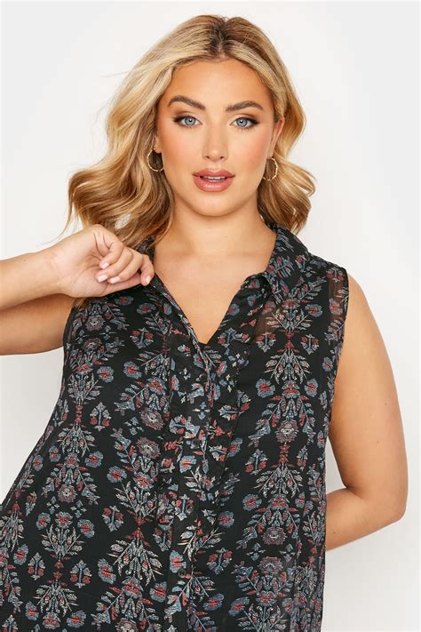 Plus Size Black Floral Print Sleeveless Frill Blouse Yours Clothing