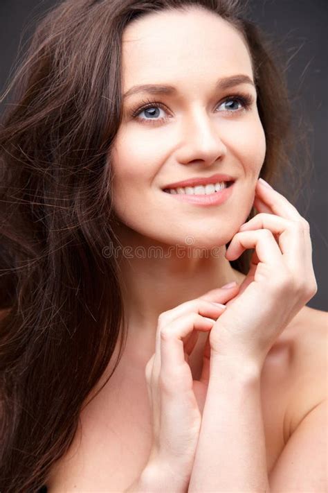 Close Up Portrait Of Elegant Brunette Woman With Nude Make Up Stock Image Image Of Clear