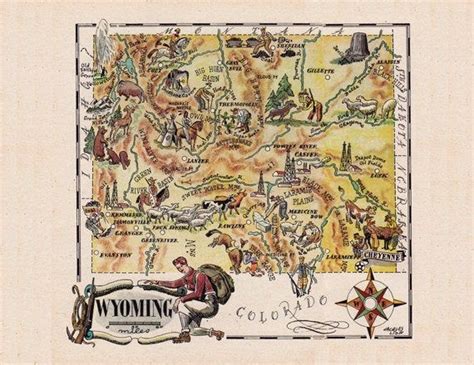 Map Of Wyoming From 1946 By French Artist Jacques Liozu Etsy