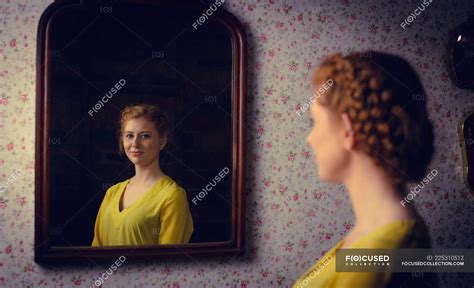 Beautiful Woman Standing In Front Of Mirror And Smiling Caucasian Only Stock Photo