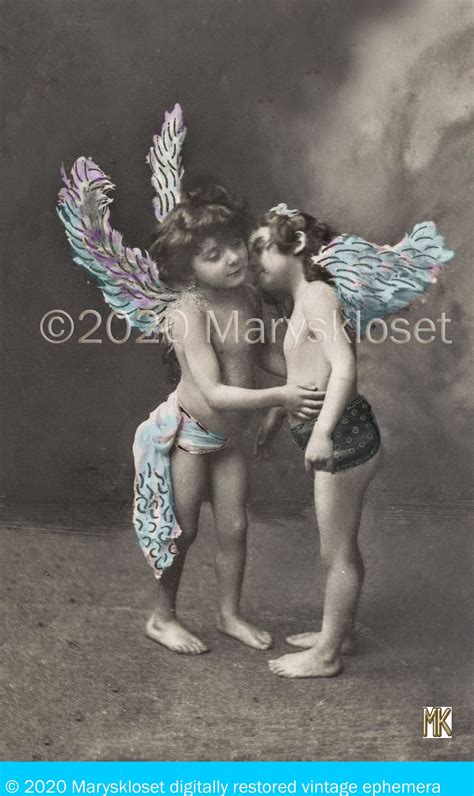 Vintage Valentine Kissing Cupids Photo Postcard Circa Antique