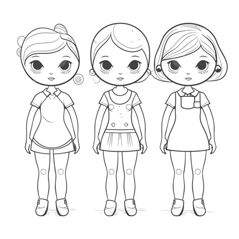 Three Dolls Coloring Pages On White Background Vector Basic Simple