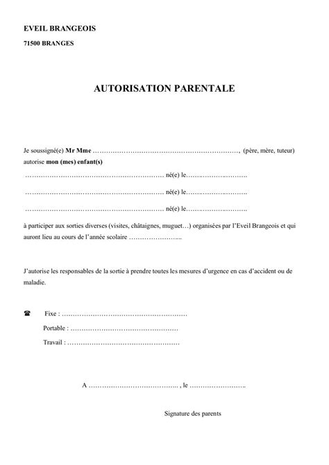 Lettre Autorisation Parentale