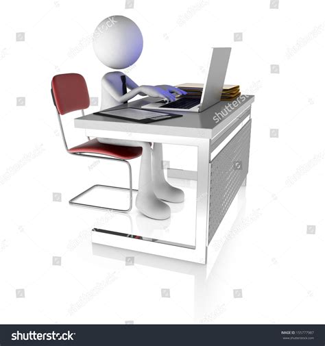 3d Man Working At Desk With Laptop Rendered On White Background Stock