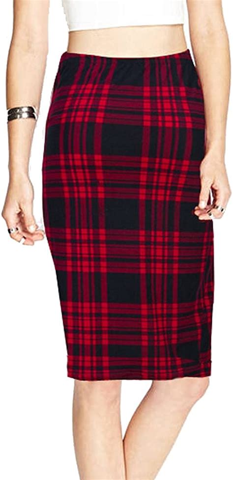 TEERFU Womens Plaid Pencil Skirt Elastic Office Wear Knee Length