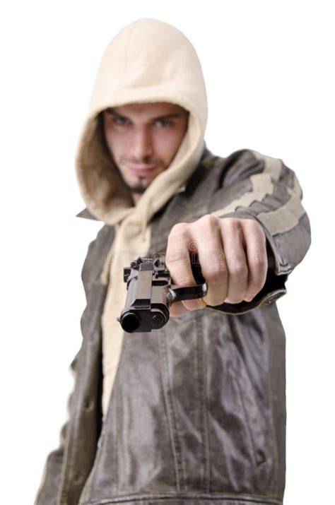 Hispanic Man Pointing Gun Stock Image Image Of Firearm 12642889