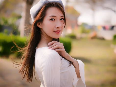 wallpaper asian looking at viewer smiling white tops berets depth of field brunette