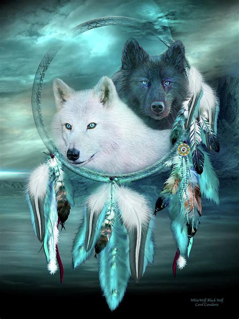 Dream Catcher White Wolf Black Wolf Mixed Media By Carol Cavalaris