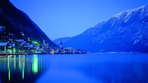 Mountains Villages Blue Winter Water Night Lake