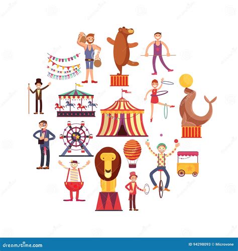 Circus Carnival Flat Vector Icons In Circle Design Stock Vector