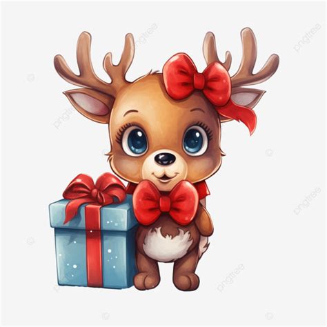 Merry Christmas Card Cartoon Reindeer Holding A Gift Box Christmas