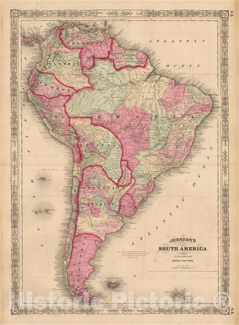 An Old Map Of South America In Pink And Green With The Names Of Major