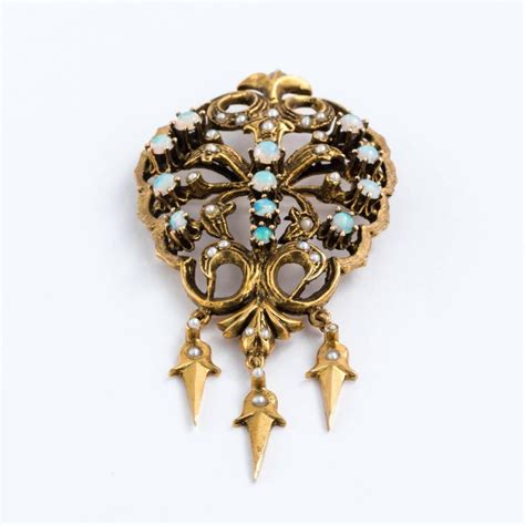 Victorian 14k Yellow Gold Opal Seed Pearl Pin Brooch Or Pendant For