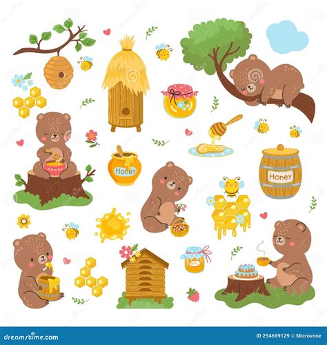 Bear And Honey Cartoon Bees Bears Cute Forest Animal Flying Bee And