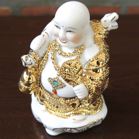 Elegant Laughing Happy Buddha Porcelain Gold Tone Chinese Figurine 4