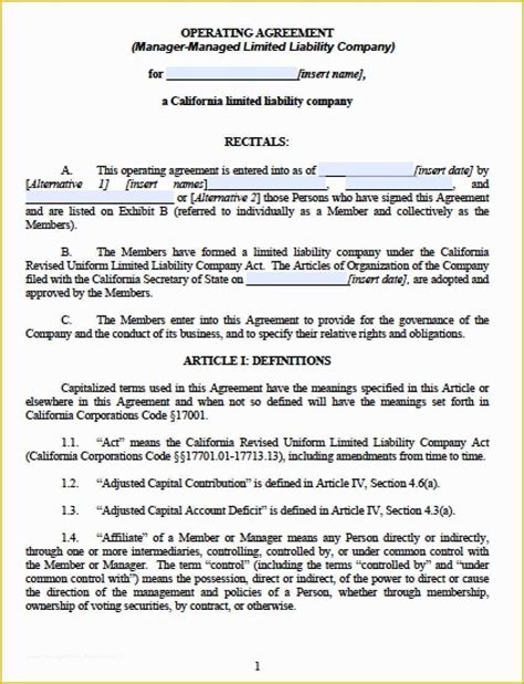 Limited Liability Company Operating Agreement Template Free Of