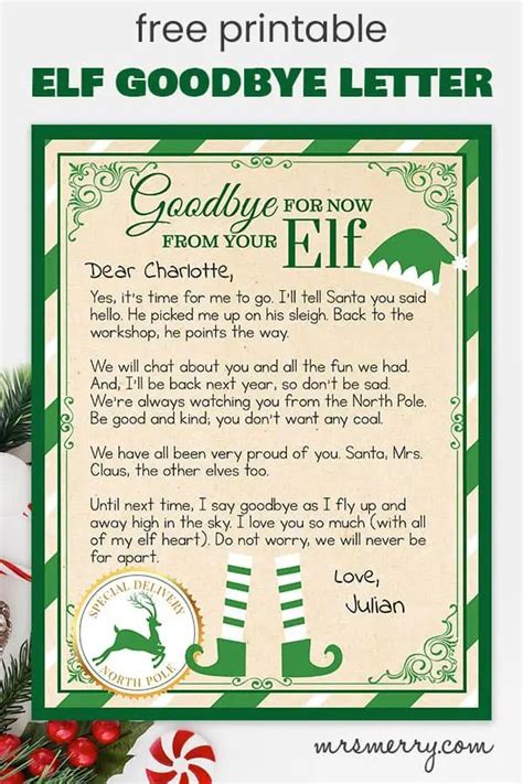 an elf goodbye letter for someone to write on their christmas card with candy canes and candies