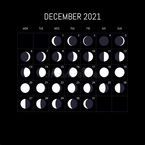 Moon Phases Calendar For 2021 Year December Night Background Design