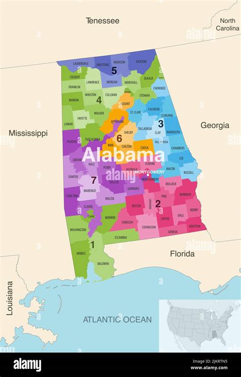 Alabama State Counties Colored By Congressional Districts Vector Map