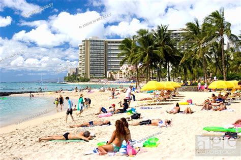 Wide Sandy Tropical Island Beach Waikiki Honolulu Hawaii Usa Stock