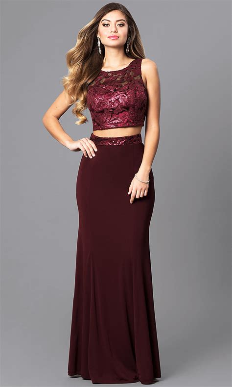 Burgundy Two Piece Prom Dress With Sequins Promgirl
