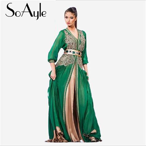 Soayle 2016 V Neck Three Quarter Sleeve Dubai Muslim Kaftan Embroidery Sashes Saris A Line Robe