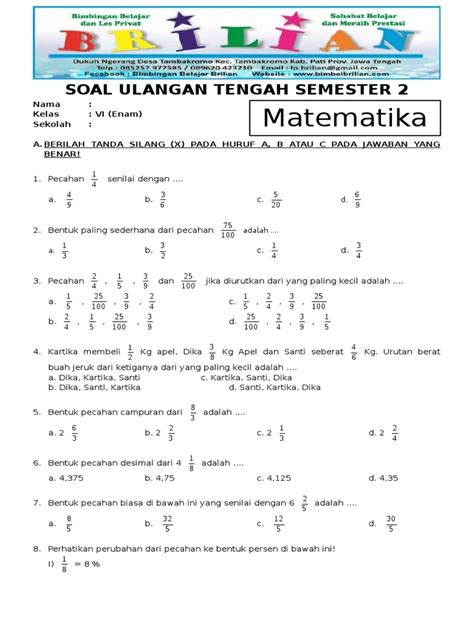 Soal Matematika Kelas 6 Semester 1 Homecare24