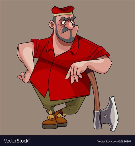 Cartoon Brutal Big Man Standing Leaning On An Ax Vector Image