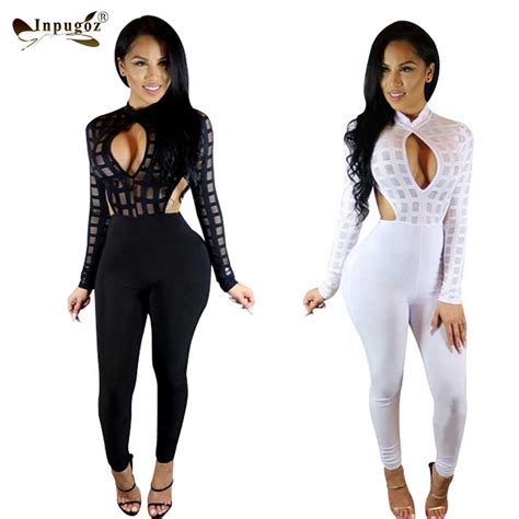 New Design Sexy Club Mesh Burn Out Plaid Perspective Hollow Jumpsuit Women Sexy Romper Bodysuits