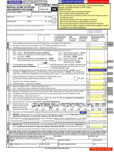 Mo 1040a Fillable Calculating2015pdf Tax Refund Social Security