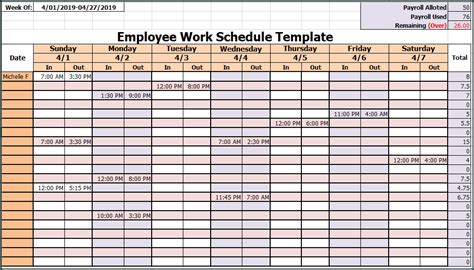 》free Printable Excel Work Schedule Template