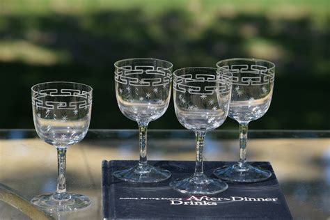 4 Vintage Etched Crystal Wine Cordials ~ Liqueur Glasses Tiffin