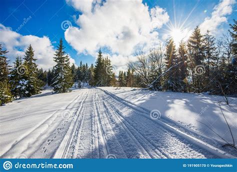Atv And Ski Tracks In Snow On Frosty Winter Day Stock Photo Image Of