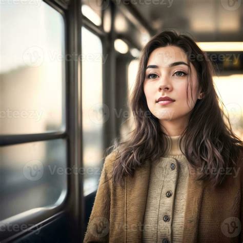 Beautiful Woman Standing Inside Public Bus Transport Generative Ai