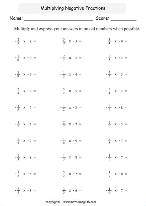 Multiplying Positive And Negative Fractions And Mixed Numbers Worksheet