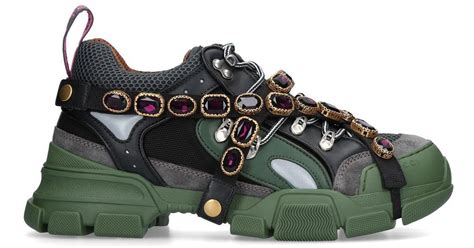 Gucci Leather Mens Flashtrek Sneaker With Removable Crystals In Green